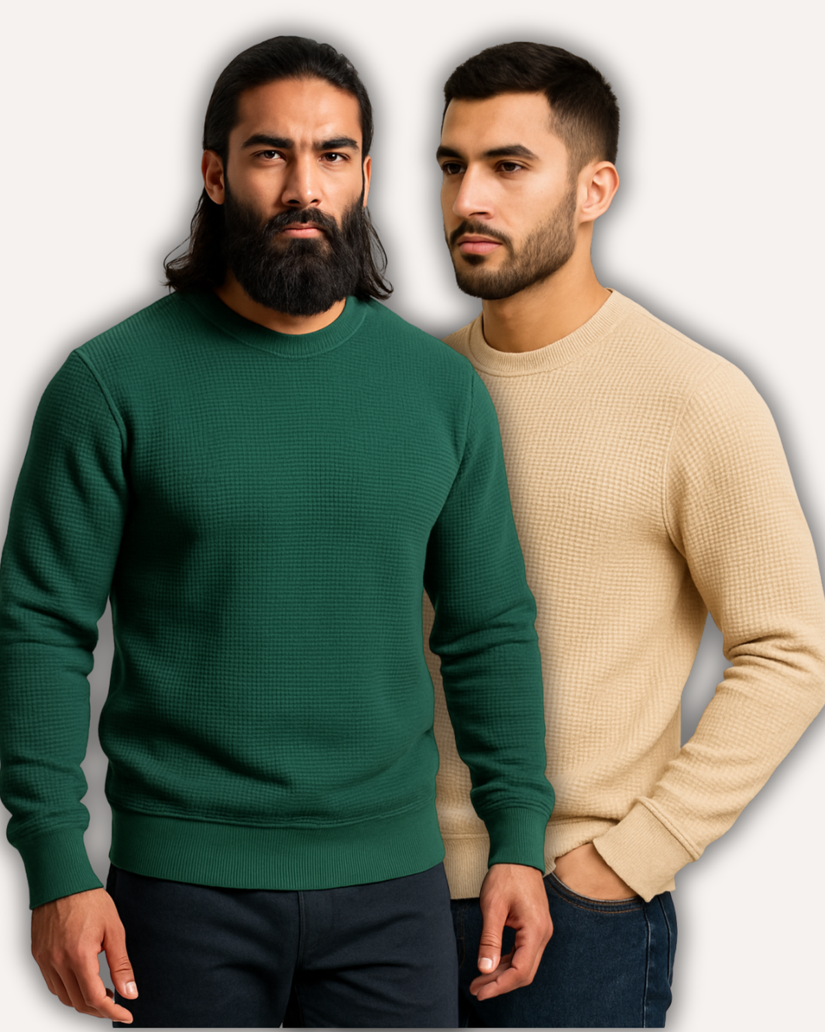 Pack of 2 Green & Beige Waffle-Knitted Sweatshirts