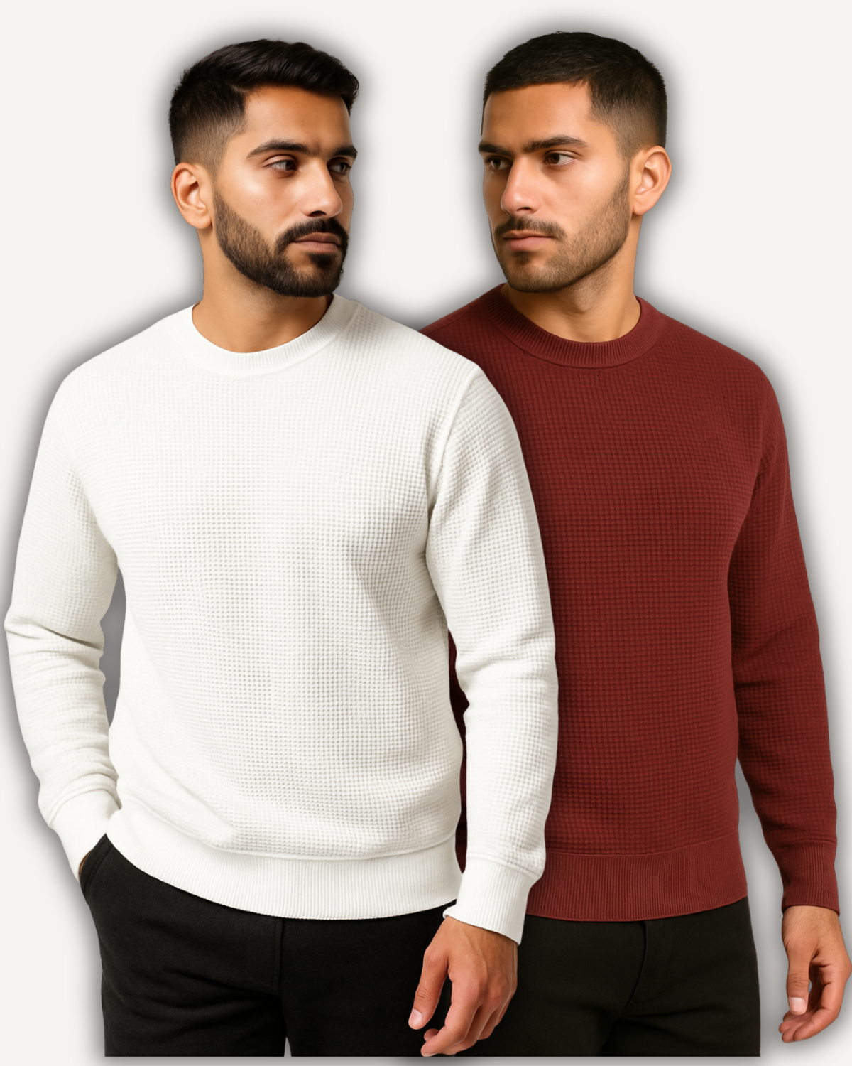 Pack of 2 White & Maroon Waffle-Knitted Sweatshirts