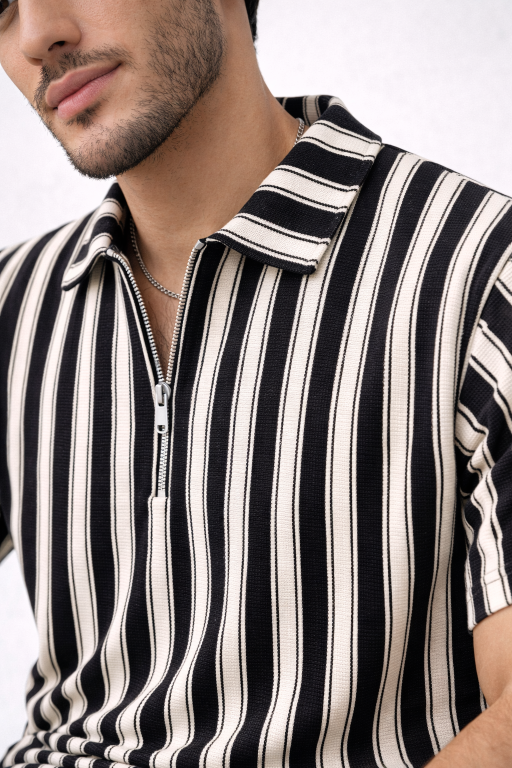 Waffle Knit Dual Stripe Zip Polo Shirt