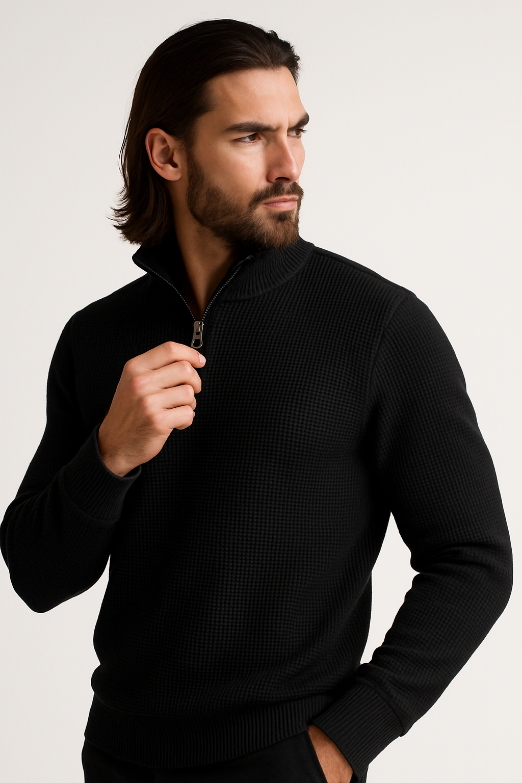 Black WaffleZip Mockneck