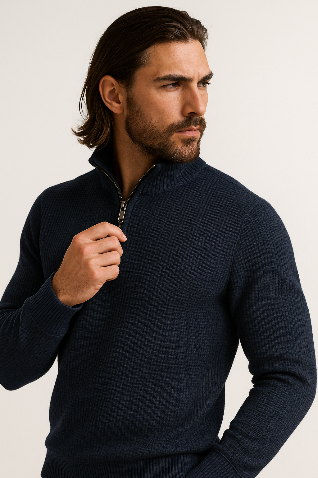 Navy Blue WaffleZip Mockneck