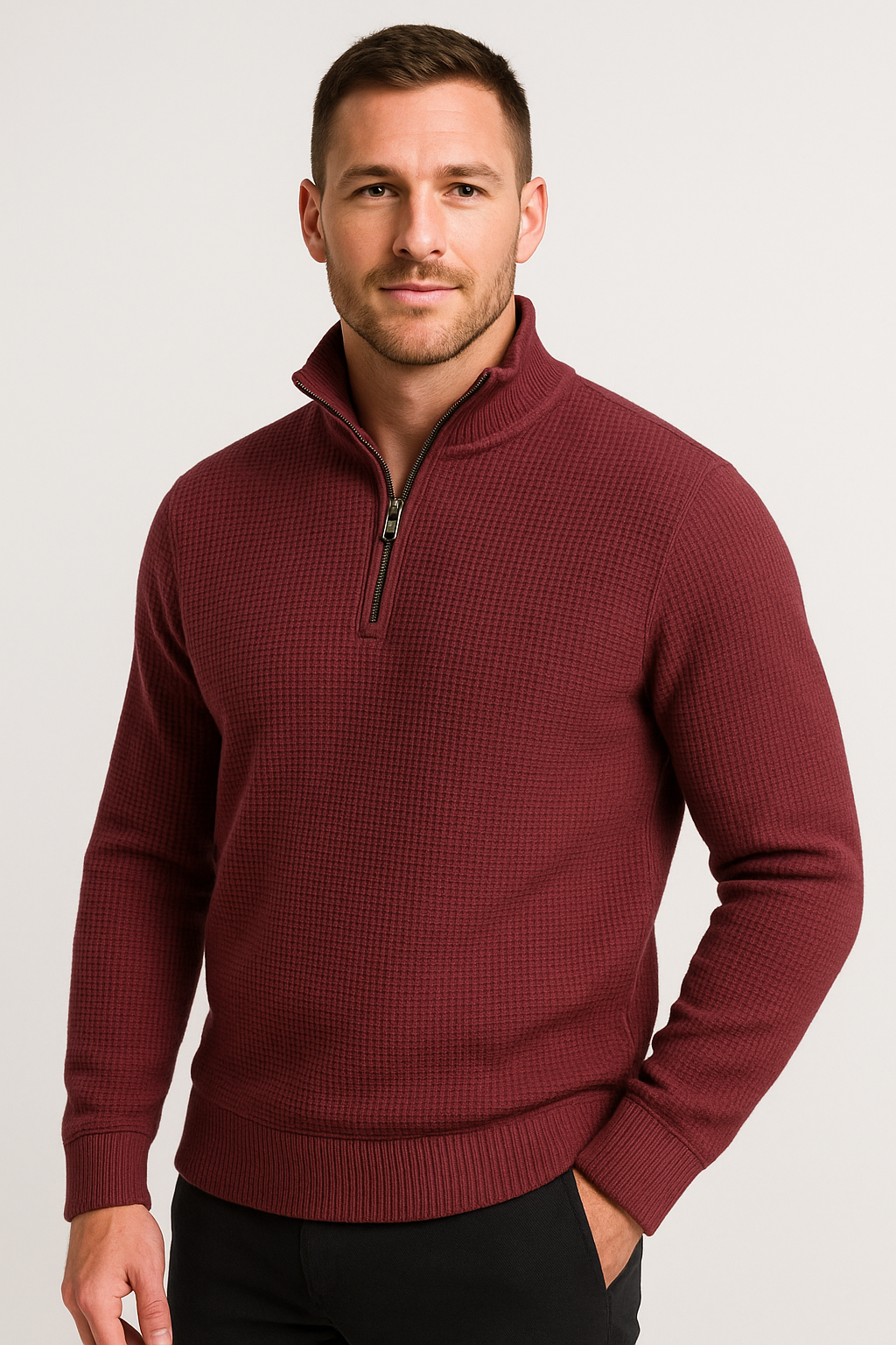 Maroon WaffleZip Mockneck