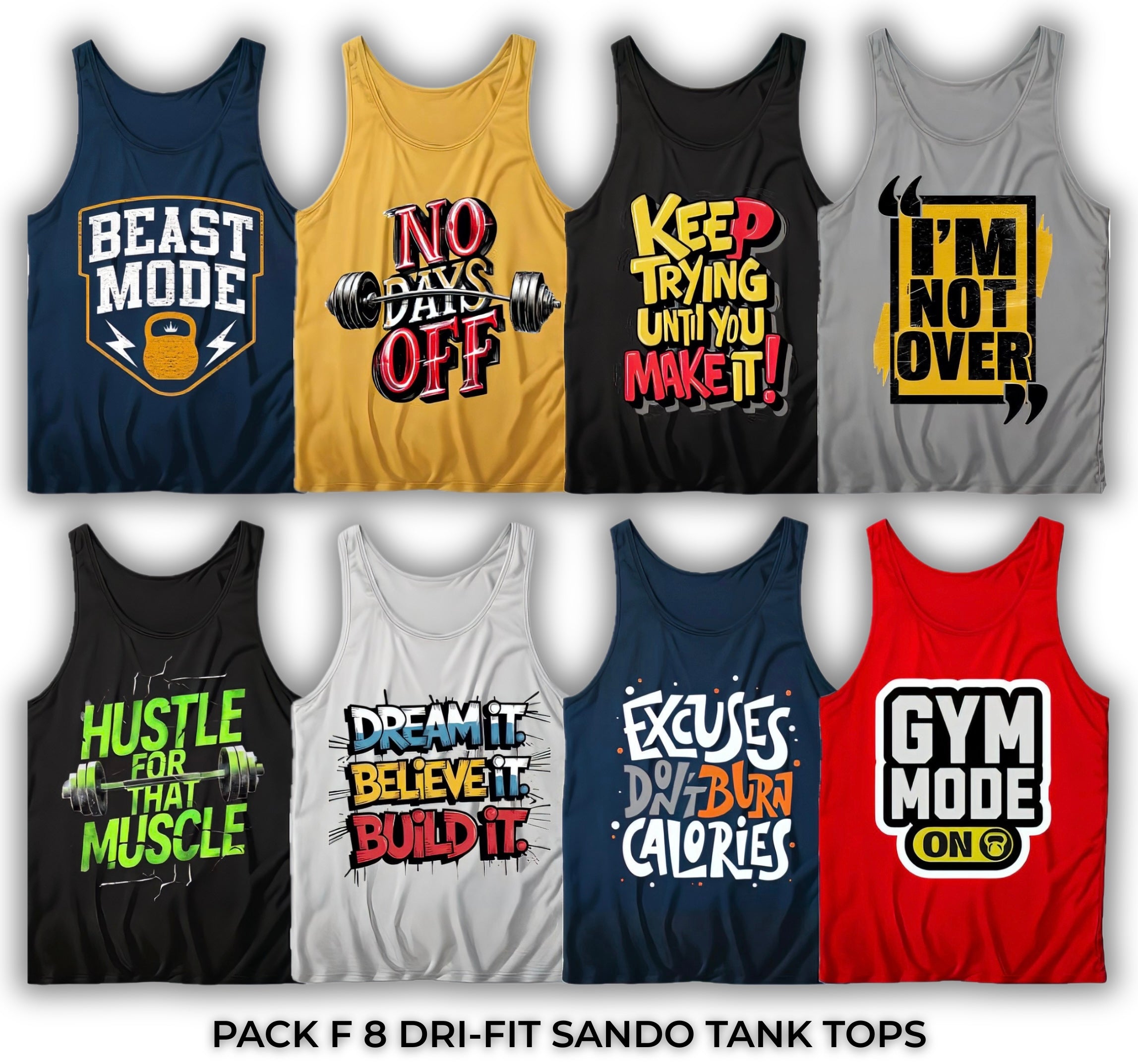 Pack of 8 Printed Gym Sando Tanks